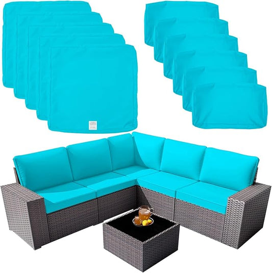 ClawsCover 11Pack Outdoor Seat and Back Cushions Replacement Covers Fit for 5-Seater 6Pieces Wicker Rattan Patio Furniture Conversation Set Sectional Couch Chairs,Turquoise-Included Cover Only - LeafyLoom