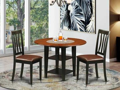 East West Furniture SUAN3-BCH-LC 3 Piece Dining Room Furniture Set Contains a Round Dining Table with Dropleaf & Shelves and 2 Faux Leather Upholstered Chairs, 42x42 Inch, Black & Cherry - LeafyLoom