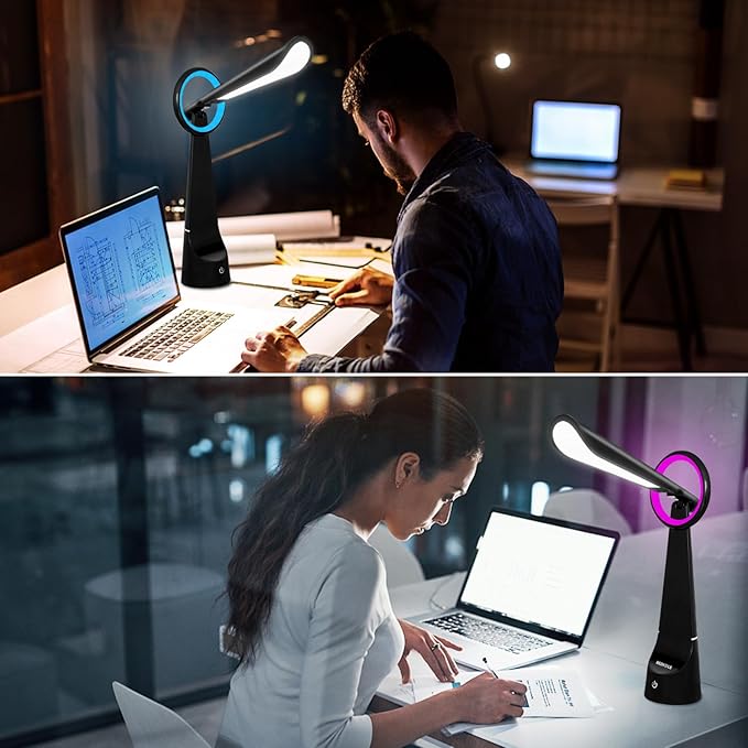 Upgraded LED Desk Lamp Also A Night Light with 7 Colours Change, Eye-Caring Table Lamp with USB Charging Port Suitable for Table Bedroom Bedside Office Study,8W (Black) - LeafyLoom