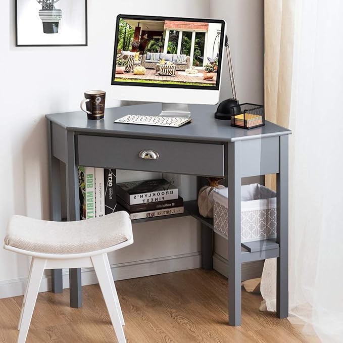 Nightcore Small, Wood Computer Desk, Compact Writing w/Drawer & Storage Shelves, Space Saving Study Workstation, Laptop PC Corner Table, Grey - LeafyLoom