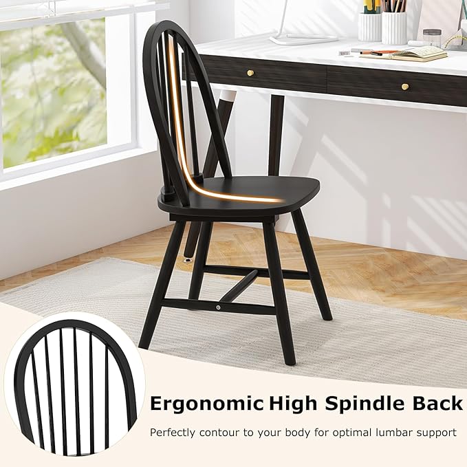 HAPPYGRILL 2 Pieces Wooden Dining Chairs Set, Vintage Armless Windsor Chairs, Kitchen Dining Chairs with Backrest, Black - LeafyLoom