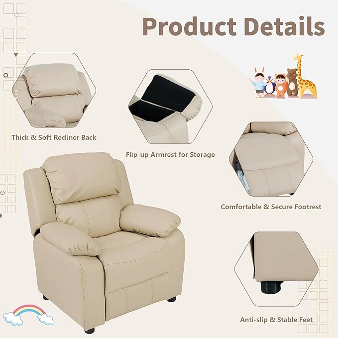 JC Home MACARON Kids Chair Leather Recliner Sofa Toddler Youth Children Child Ages 3-7, Cream - LeafyLoom