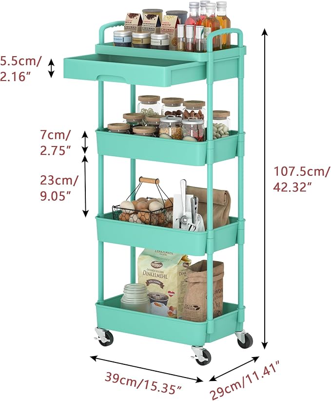 4-Tier Rolling Cart，Trolley with Drawer, Kitchen Storage Organizer with Plastic Shelf & Metal Wheels, Storage Cart for Living Room, Kitchen, Office, Bathroom, Green - LeafyLoom