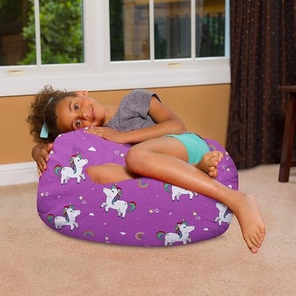 Posh Creations Bean Bag Chair for Kids, Teens, and Adults Includes Removable and Machine Washable Cover, 27in - Medium, Canvas Unicorn and Rainbows on Purple - LeafyLoom