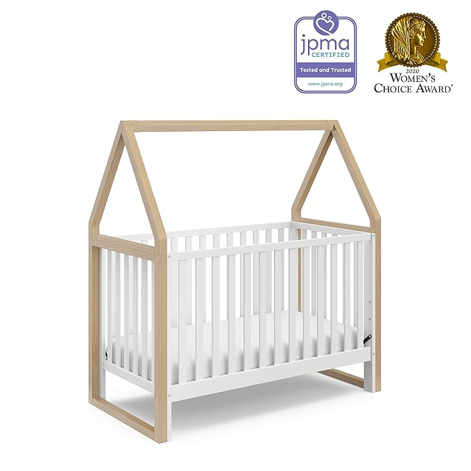 Storkcraft Orchard 5-in-1 Convertible Crib (White with Driftwood) – GREENGUARD Gold Certified, Canopy Style Baby Crib, Converts from Crib to Toddler Bed, Daybed and Full-Size Bed - LeafyLoom