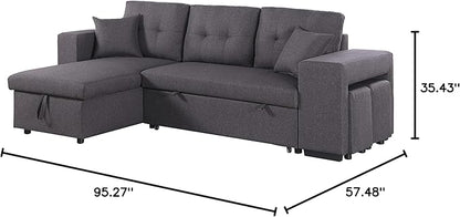 RITSU Reversible Sectional Sofa, Pull Out Loveseat Sleeper Bed Storage Space and 2 Stools, Corner Couch with Side Cabinets, Suitable for Living Room, Apartment Dark Gray, 95.27inch - LeafyLoom