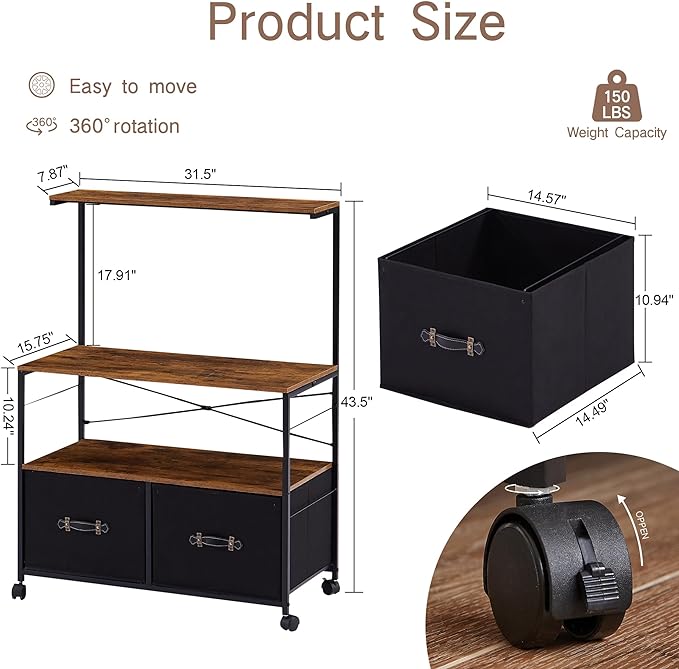 VECELO Mobile Lateral File Cabinet Rolling Printer Stand with 3 Open Storage Shelf, Ideal for Letter Size Folders, with Lockable Casters, Strong Steel Frame, Perfect for Office, 2 Drawer, Brown+Black - LeafyLoom