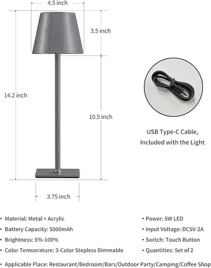 KDG 2 Pack Cordless Table Lamp,Portable LED Desk Lamp, 5000mAh Battery Operated, 3 Color Stepless Dimming Up, for Restaurant/Bedroom/Bars/Outdoor Party/Camping/Coffee Shop Night Light(Mottled Silver) - LeafyLoom