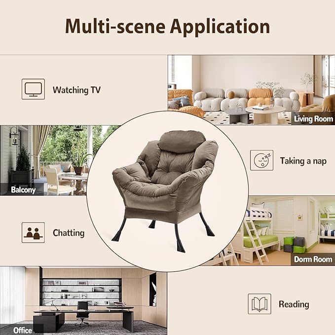 Lazy Chair Thick Padded, Accent Chair Velvet Upholstered with Wide Seat, Stable Metal Frame and Non-Slip Pad, Modern Sofa Armchair with Side Storage Bag for Dorm, Room, Office, Dark Gray - LeafyLoom