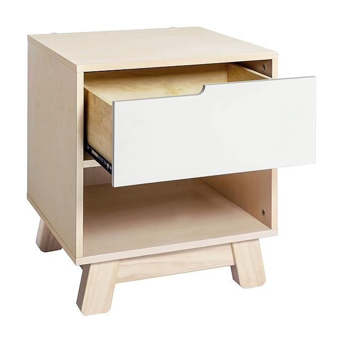 Babyletto Hudson Nightstand with USB Port in Washed Natural and White, 1 Drawer and Storage Cubby - LeafyLoom