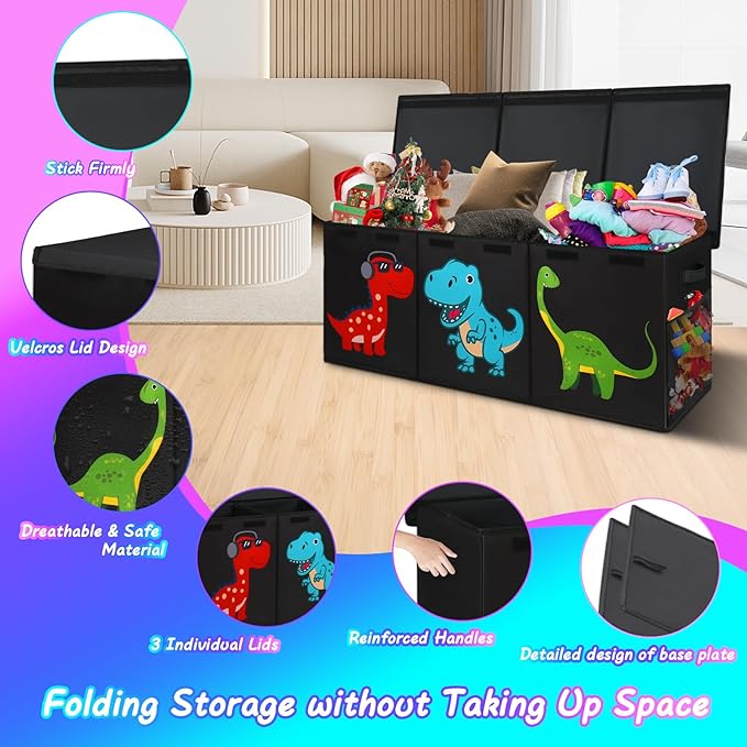 Extra Large Toy Box, Collapsible Sturdy Toy Storage Organizer with Lids, Dinosaur Toy Box for Boys Girls, 41"x14"x16" Kids Toy Chest Bin Box Baskets for Living Room, Playroom, Bedroom, Nursery, Black - LeafyLoom