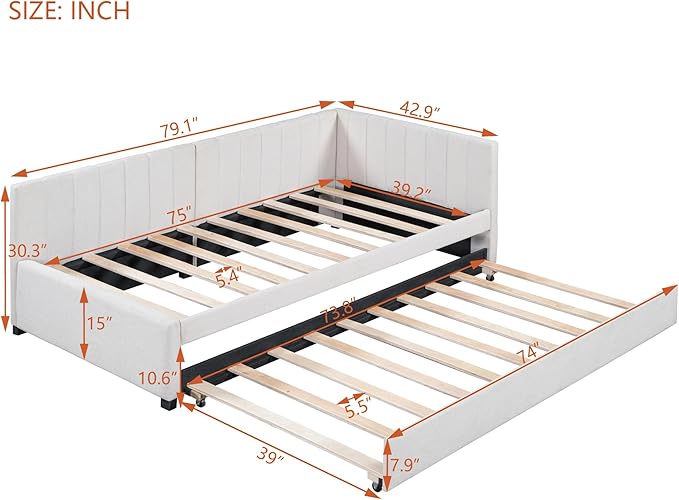 Twin Size Upholstered Linen Daybed with 2 Trundle,Semi-Closed Design,Solid Wood Bed Frame,W/Backrest and Slat Support,No Box Spring Needed,for Apartment Bedroom,Beige - LeafyLoom