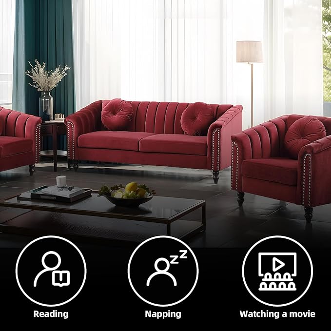 Velvet Loveseat Modern Living Room 3 Piece with Scroll Arms and Nailhead, includes 2 Love-seat Chair & Armchair, Sofa Couch Set Red - LeafyLoom