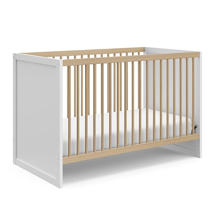 Storkcraft Calabasas 3-in-1 Convertible Crib (White with Driftwood) – GREENGUARD Gold Certified, Fits Standard Crib Mattress, Converts to Toddler Bed, Modern Style, Easy 30-Minute Assembly - LeafyLoom