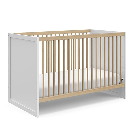 Storkcraft Calabasas 3-in-1 Convertible Crib (White with Driftwood) – GREENGUARD Gold Certified, Fits Standard Crib Mattress, Converts to Toddler Bed, Modern Style, Easy 30-Minute Assembly - LeafyLoom