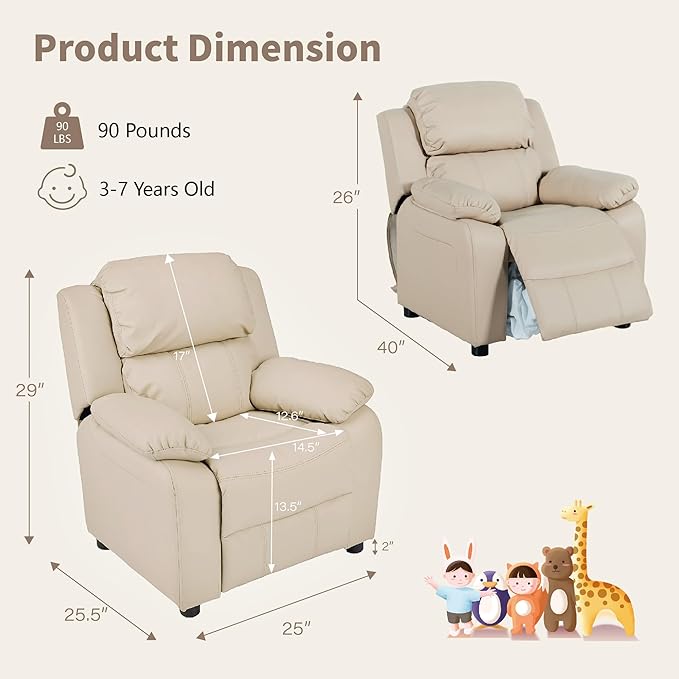 JC Home MACARON Kids Chair Leather Recliner Sofa Toddler Youth Children Child Ages 3-7, Cream - LeafyLoom