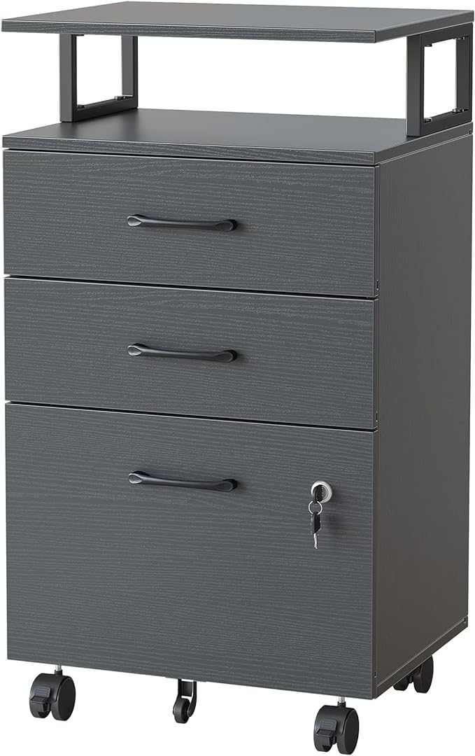 FEZIBO File Cabinet with Lock for Home Office, 3-Drawer Rolling Filing Cabinet, Home Office File Cabinet for A4/Letter/Legal Size, Printer Stand, Wooden Storage Cabinet, Black - LeafyLoom