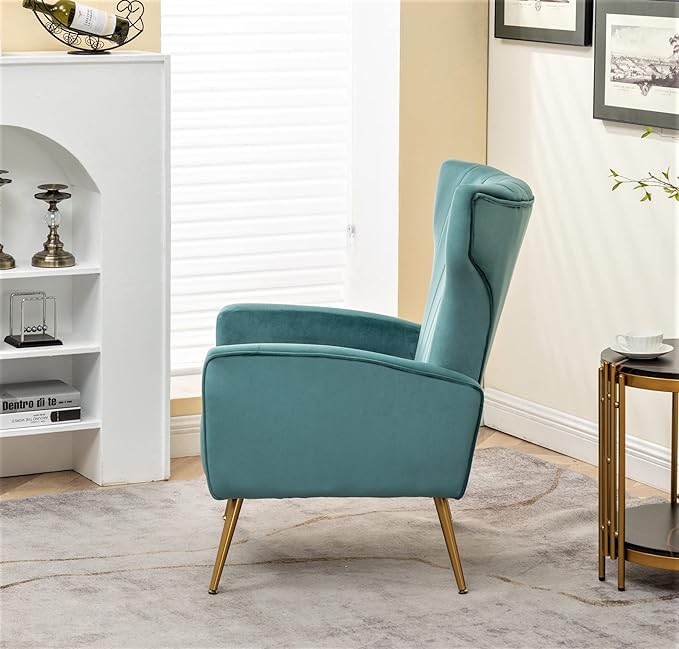 Armchair Modern Velvet Accent Chair, Channel Tufted Bedroom, Office or Living Room Furniture with Elegant Metal Legs, Teal - LeafyLoom