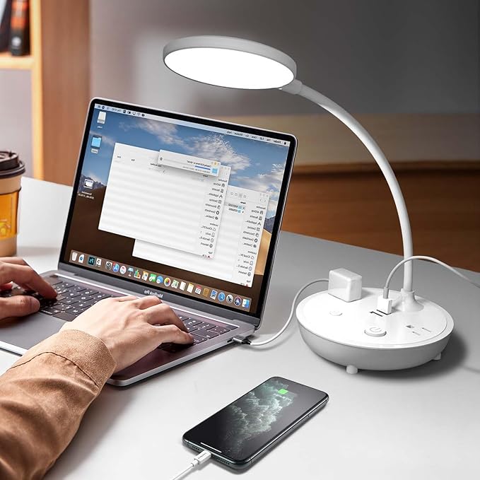 Desk Lamp Small Table Lamp for Bedside Lamp Bedroom Desk Light with Dual USB Charging Port and AC Outlet Office Reading Light Adjustable Gooseneck Working White LED Reading Lamp for Home Office - LeafyLoom