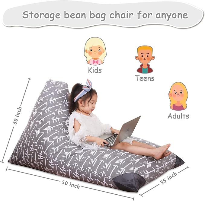 Jorbest Stuffed Animal Storage Bean Bag Chair for Kids and Adults, Stuffed Animal Bean Bag, Premium Canvas Stuffie Seat - COVER ONLY (Grey with White Arrows 200L/52 Gal) - LeafyLoom