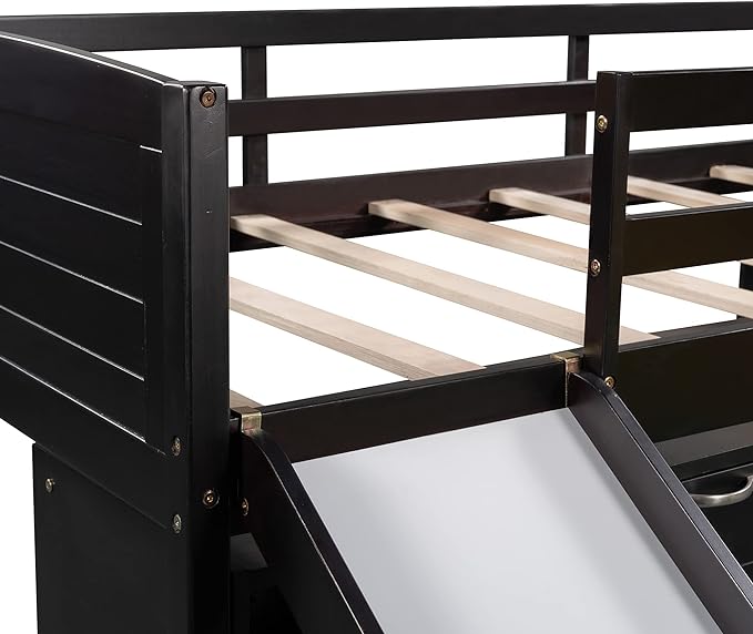 Twin Size Loft Bed with Slide and Storage Cabinets, Low Loft Bed Frame with Shelves for Kids and Teens, Wooden Loft Beds for Bedroom Guestroom, No Box Spring Needed, Espresso - LeafyLoom