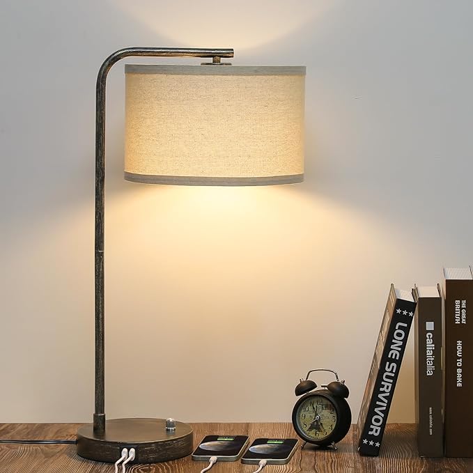 USB Bedside Lamp, Industrial Side Table Lamp with Dual USB Charging Ports, Fully Dimmable Nightstand Lamp, Tall Reading Lamp Desk Lamp for Bedroom, Living Room, Office, 9W LED Bulb Included - LeafyLoom