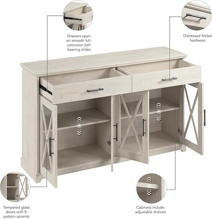 Bush Furniture Lennox Farmhouse Stand for 75 Inch TV | Living Room Entertainment Center with Storage, 60W, Linen White Oak - LeafyLoom