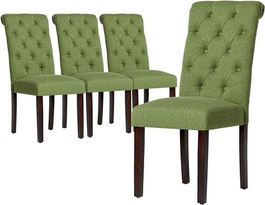 COLAMY Button Tufted Dining Chairs Set of 4, Parsons Upholstered Fabric Dining Room Chairs Kitchen Chairs with Wood Legs and Padded Seat, Green - LeafyLoom