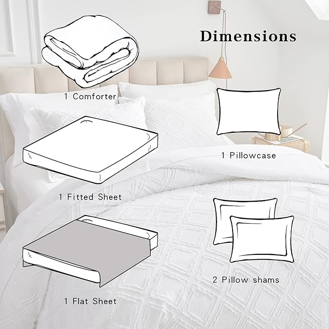 6 Pieces Tufted Bed in a Bag Twin Comforter Set with Sheets White, Soft and Embroidery Shabby Chic Boho Bohemian Design, Luxury Solid Color with Diamond Pattern, Jacquard Tufts Bedding Set for Kids - LeafyLoom