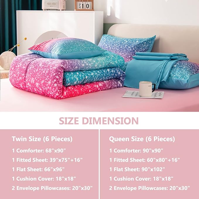 PERFEMET Girls Comforter Set Twin Size 6 Piece Bed in A Bag 3D Colorful Rainbow Bedding Comforter Sheet Set for Kids - (1 Comforter, 1 Flat Sheet, 1 Fitted Sheet, 2 Pillowcases, 1 Cushion Cover) - LeafyLoom