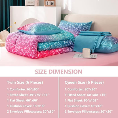 PERFEMET Girls Comforter Set Twin Size 6 Piece Bed in A Bag 3D Colorful Rainbow Bedding Comforter Sheet Set for Kids - (1 Comforter, 1 Flat Sheet, 1 Fitted Sheet, 2 Pillowcases, 1 Cushion Cover) - LeafyLoom