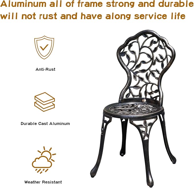 Patio Bistro Set.Rust-Resistant Cast Aluminum Bistro Table Set with Umbrella Hole for Backyard (Leaf DESIGNCOPPER) - LeafyLoom