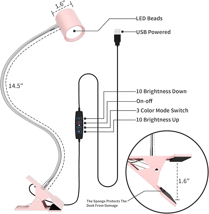 Dott Arts Desk Lamp,USB Clip On Light with 3 Color Modes,LED 10 Levels Brightness Reading Lamp, 360°Gooseneck Book Light,Eye-Care Reading Light for Home Office,Headboards Pink - LeafyLoom