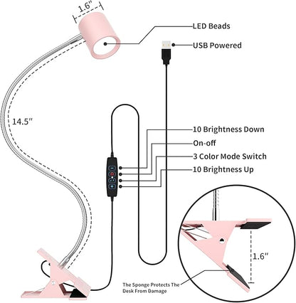 Dott Arts Desk Lamp,USB Clip On Light with 3 Color Modes,LED 10 Levels Brightness Reading Lamp, 360°Gooseneck Book Light,Eye-Care Reading Light for Home Office,Headboards Pink - LeafyLoom