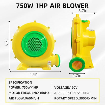 750W Bounce House Blower, Powerful Air Blower for Inflatable, Portable Inflatable Bubble House Blower Pump Fan for Inflatable Bouncy Castle, Jumper, Water Slide, Blower Corded(750 Watt 1HP) - LeafyLoom