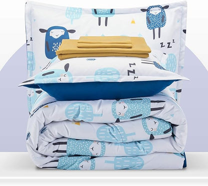 SLEEP ZONE Kids Bedding Comforter Set Full/Queen Size - Super Cute & Soft Kids Bedding 7 Pieces Set with Comforter, Sheet, Pillowcase & Sham (Blue Sheep) - LeafyLoom