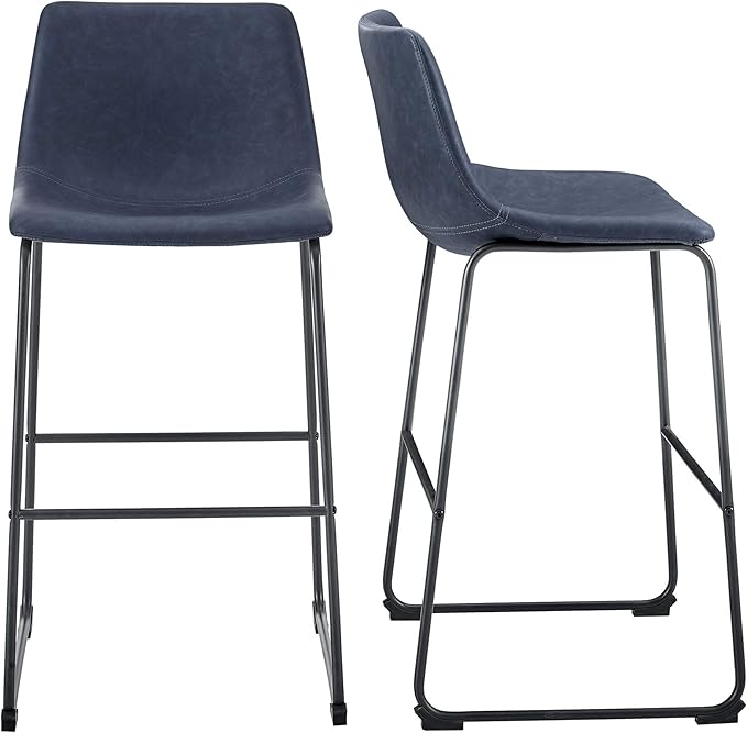 Walker Edison Douglas Urban Industrial Faux Leather Armless Dining Chair Set of 2 and Bar Chair Set of 2, Navy Blue - LeafyLoom