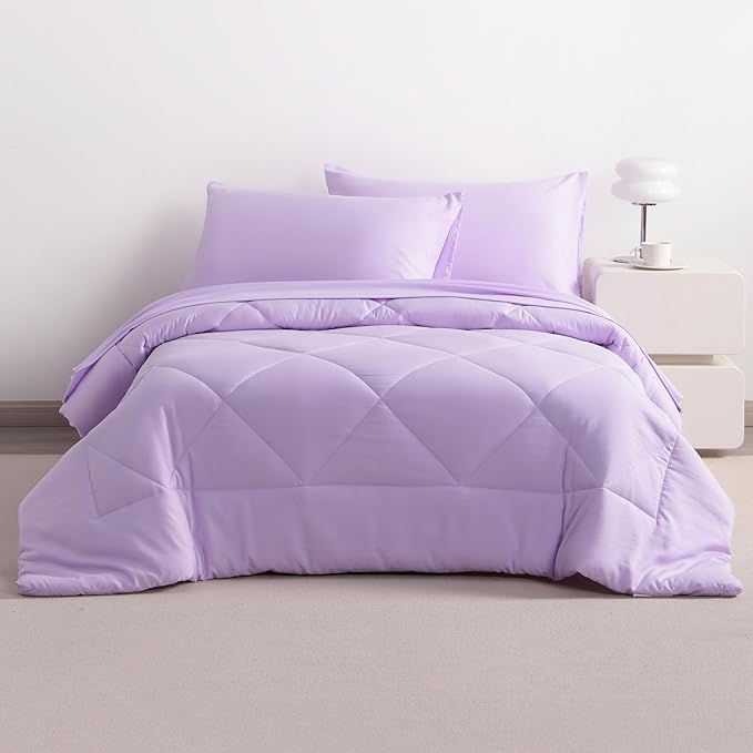 NTBAY Twin Comforter Set with Sheets, 5 Pieces Soft and Breathable Twin Bedding Set, Twin Bed in a Bag, Down Alternative Comforter Set Solid Color All Season, Kids Bedding Set, Light Purple - LeafyLoom