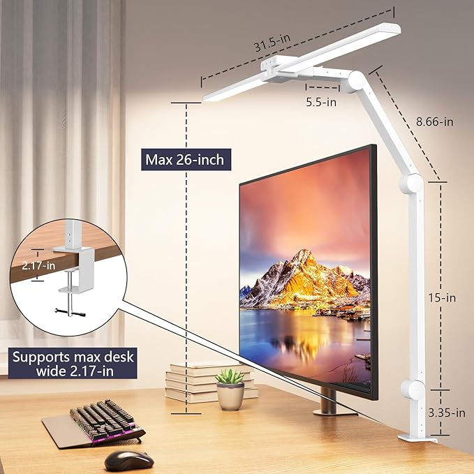 KableRika Desk Lamp,Double Head Desk Lamp with Clamp,24W Led Desk Lights for Home Office Ultra Bright Architect Table Lamp 4 Brightness 4 Color,Auto Dimming Task Lamp for Monitor Work Study White - LeafyLoom