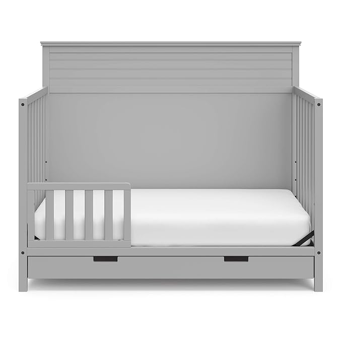 STORKCRAFT Homestead 5-in-1 Convertible Crib with Drawer (Pebble Gray) – GREENGUARD Gold Certified, Crib with Drawer Combo, includes Nursery Storage Drawer, Converts to Toddler Bed and Full-Size Bed - LeafyLoom