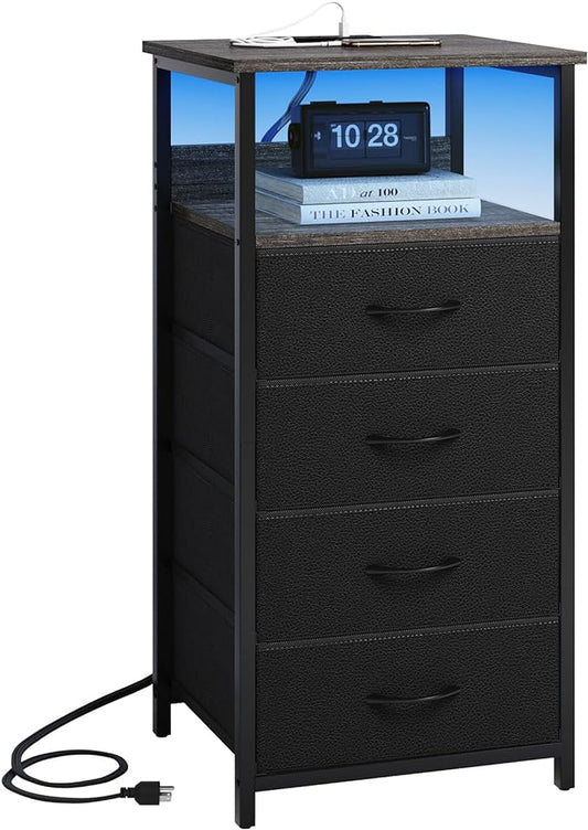 Fixwal Dressers for Bedroom Night Stand with Charging Station, LED Tall Nightstand with USB Ports and Outlets, 4 Fabric Storage Drawers with PU Finish, Small Dresser Bed Side Table, Charcoal Gray - LeafyLoom