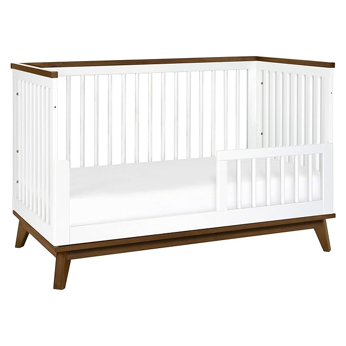 Babyletto Scoot 3-in-1 Convertible Crib with Toddler Bed Conversion Kit in White and Natural Walnut, Greenguard Gold Certified - LeafyLoom