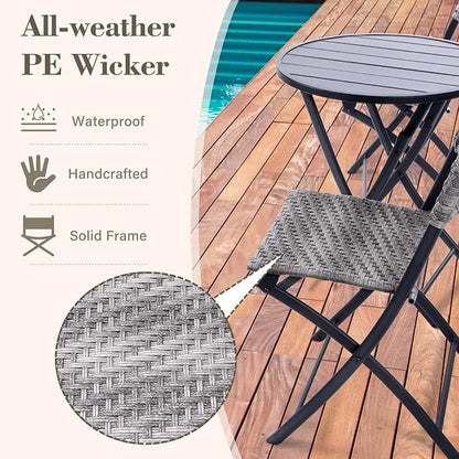 BACKYARD EXPRESSIONS PATIO · HOME · GARDEN 3 Pc 3 Piece Folding Outdoor Bistro, Wicker Furniture Table and Chairs for Garden, Backyard, Porch, Patio Conversation Set, Grey/Black - LeafyLoom