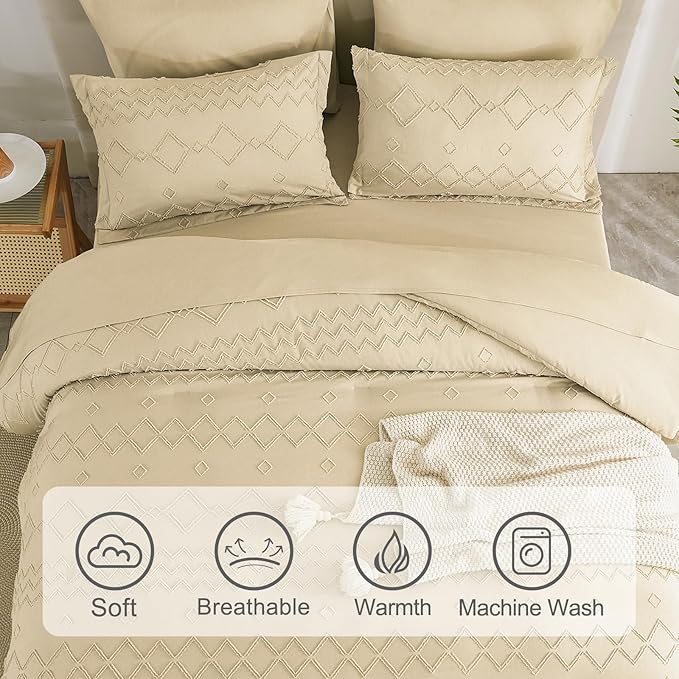 EMME Twin Comforter Set - 5 Pcs Beige Boho Bedding Sets, Tufted Comforter with Sheets, Shabby Chic Embroidery Twin Bed Set Fluffy Bed Bag for All Season(68"X90") - LeafyLoom