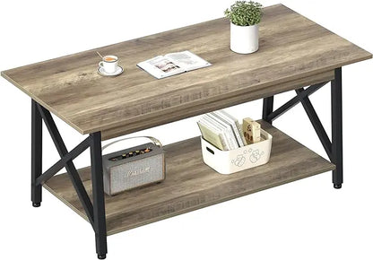 GreenForest Coffee Table Large 43.3 x 23.6 inch Rustic Farmhouse with Storage Shelf for Living Room, Easy Assembly, Grey WASH - LeafyLoom