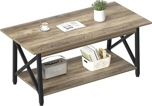 GreenForest Coffee Table Large 43.3 x 23.6 inch Rustic Farmhouse with Storage Shelf for Living Room, Easy Assembly, Grey WASH - LeafyLoom