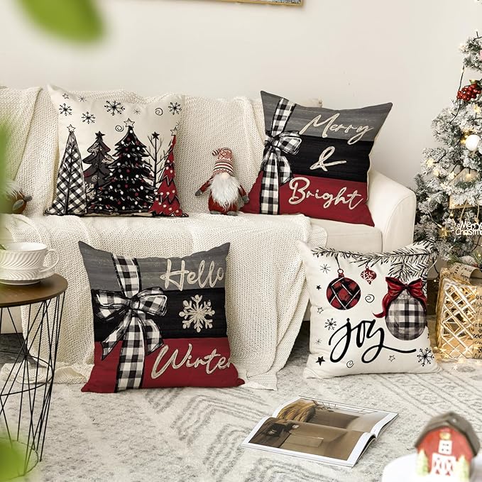 AVOIN colorlife Merry Christmas Joy Xmas Trees Red Throw Pillow Covers, 18 x 18 Inch Christmas Winter Holiday Cushion Case Decoration for Sofa Couch Set of 4 AVOINcolorlife