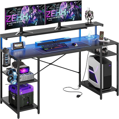 Bestier Gaming Desk with Reversible Power Outlets, 55 inch LED Computer Desk with Monitor Stand & Adjustable Shelves, Writing Desk with Cup Holder & Hook for Home Office, Black 3D Carbon Fiber - LeafyLoom