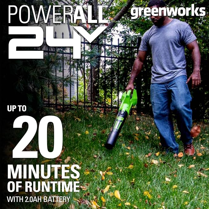 Greenworks 24V (90 MPH / 320 CFM / 125+ Compatible Tools) Cordless Axial Leaf Blower, 2.0Ah Battery and Charger Included - LeafyLoom