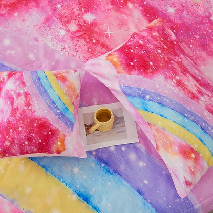 Rainbow Twin Size Comforter Set for Girls 6 Pieces Sparkle Tie Dye Pink Girls Bedding Comforter Sets Galaxy Kids Bed Comforter Sets Gradient Glitter Soft Bed in A Bag with Sheets - LeafyLoom